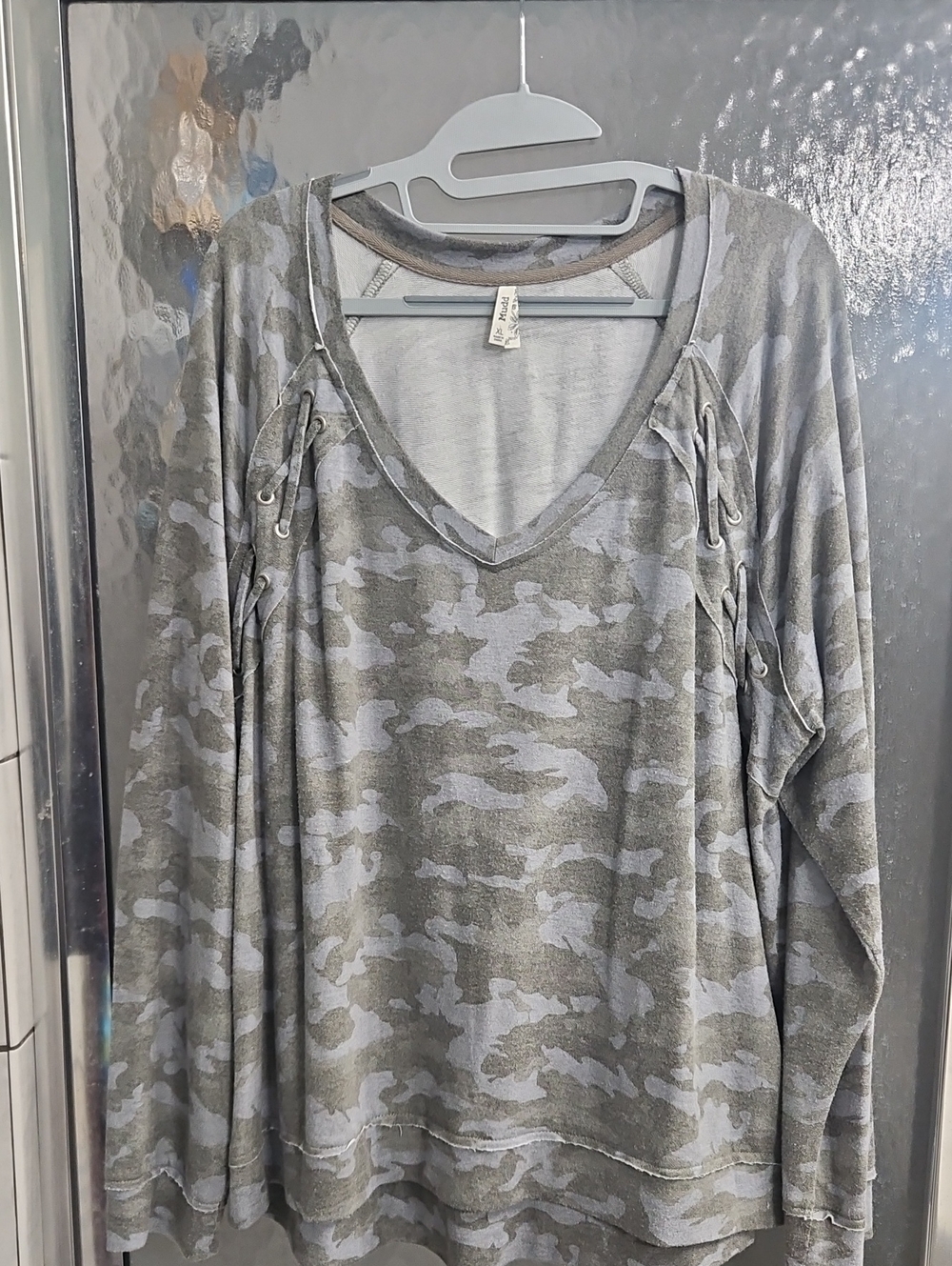 Mudd Gray Camo Lace-Up V-Neck Pullover